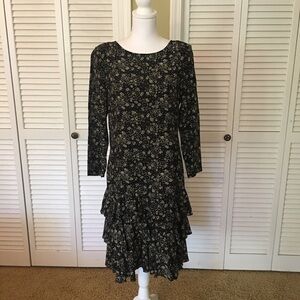 Vintage Ambria Silk Drop Waist Ruffles Elegant Black Floral Dress